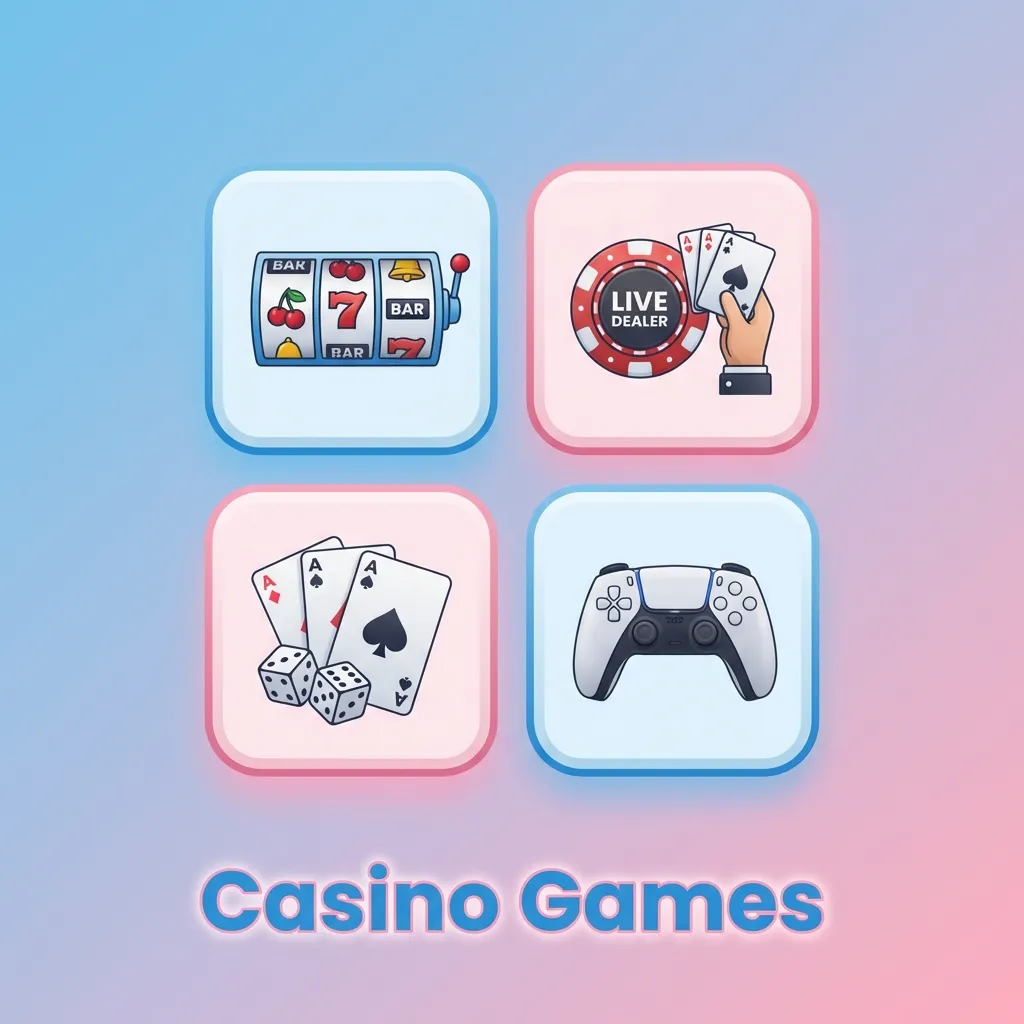 Casino gaming interface showing slots, live dealer tables, and diverse game categories with 1,000+ options