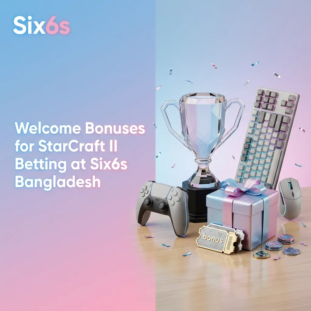 Six6s Bangladesh welcome bonus promotion for StarCraft II betting showing deposit bonuses and registration steps